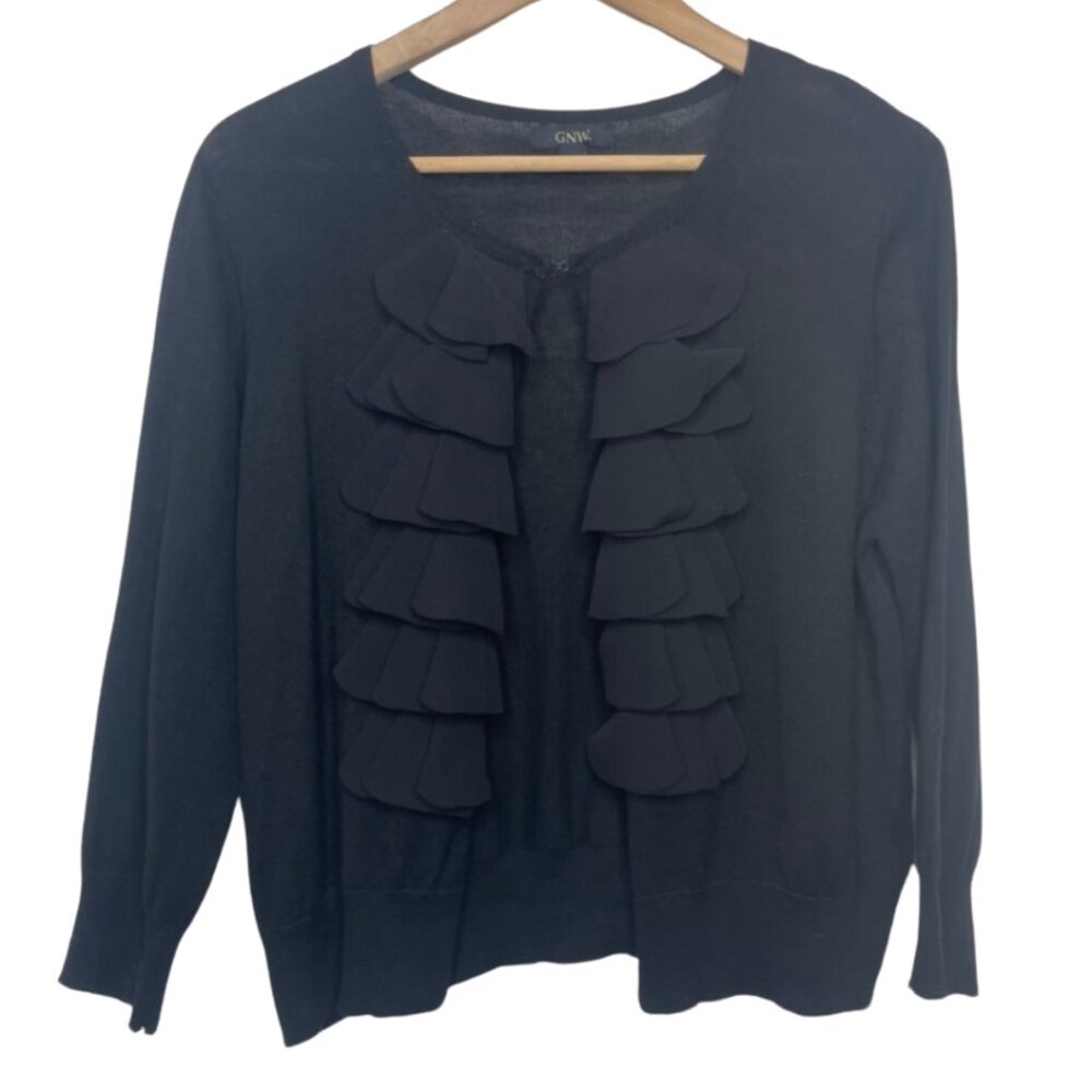 GNW | Women's Black Lightweight Ruffle Front Cardigan | Size L